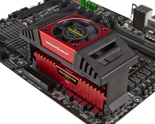Pic desc: High frequency Corsair memory modules cooled by additional fans  